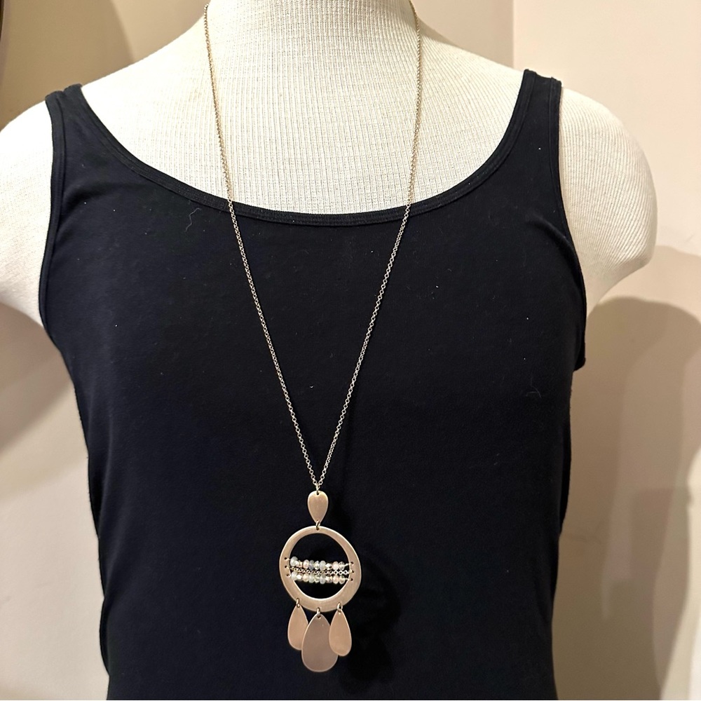 Jade & Jasper Necklace- long gold tone w/ brushed gold beaded pendant teardrop